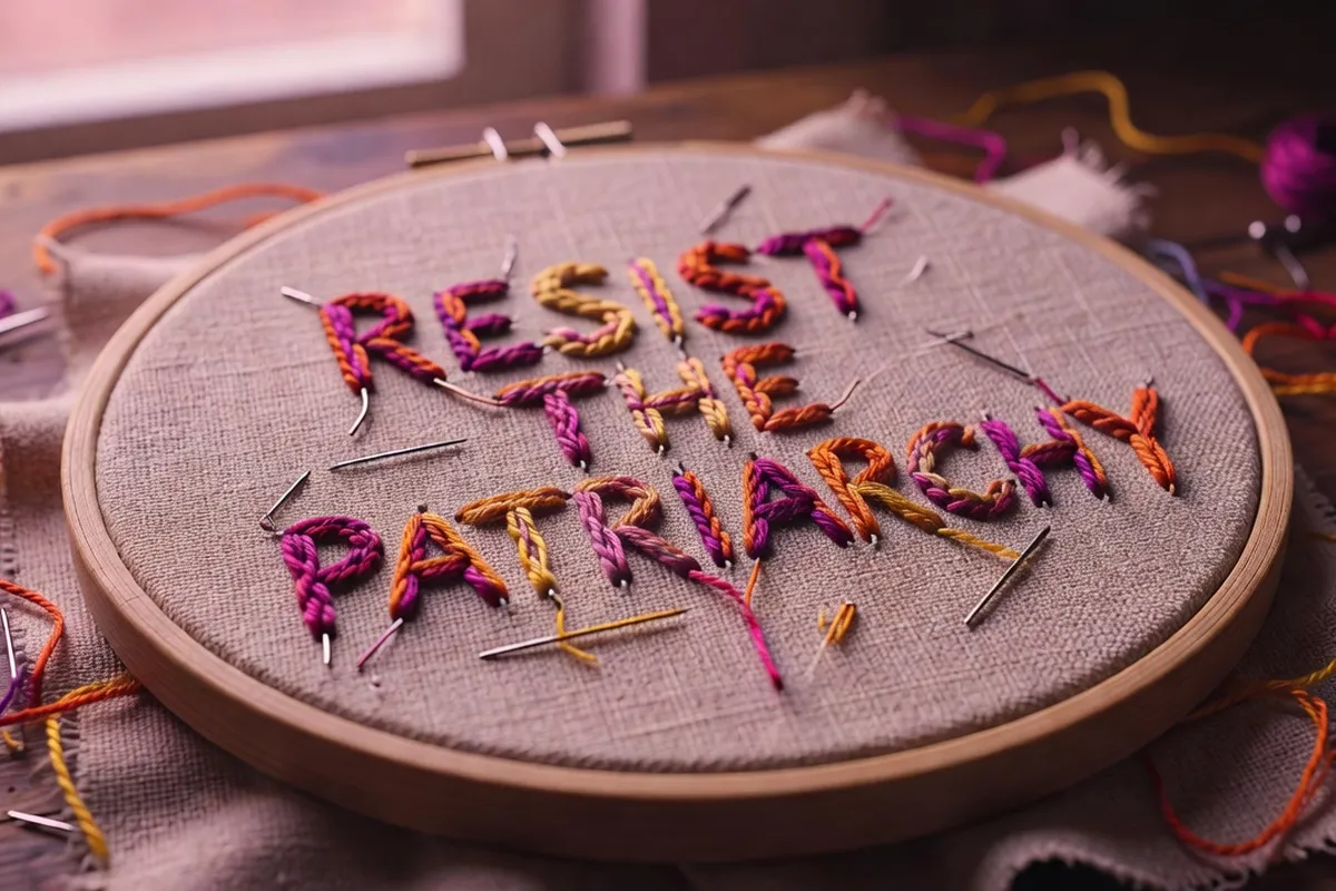 Broderie subversive féministe avec slogan de résistance