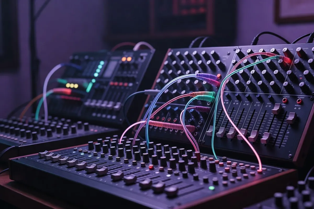 Table de mixage et synthétiseurs modulaires dans un studio expérimental russe