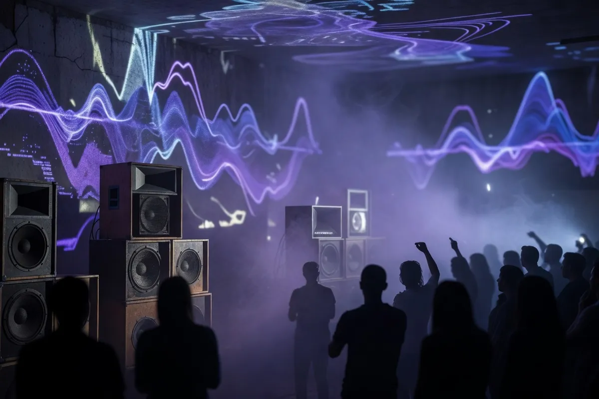Performance d'art sonore avec haut-parleurs et projections dans un espace en exil