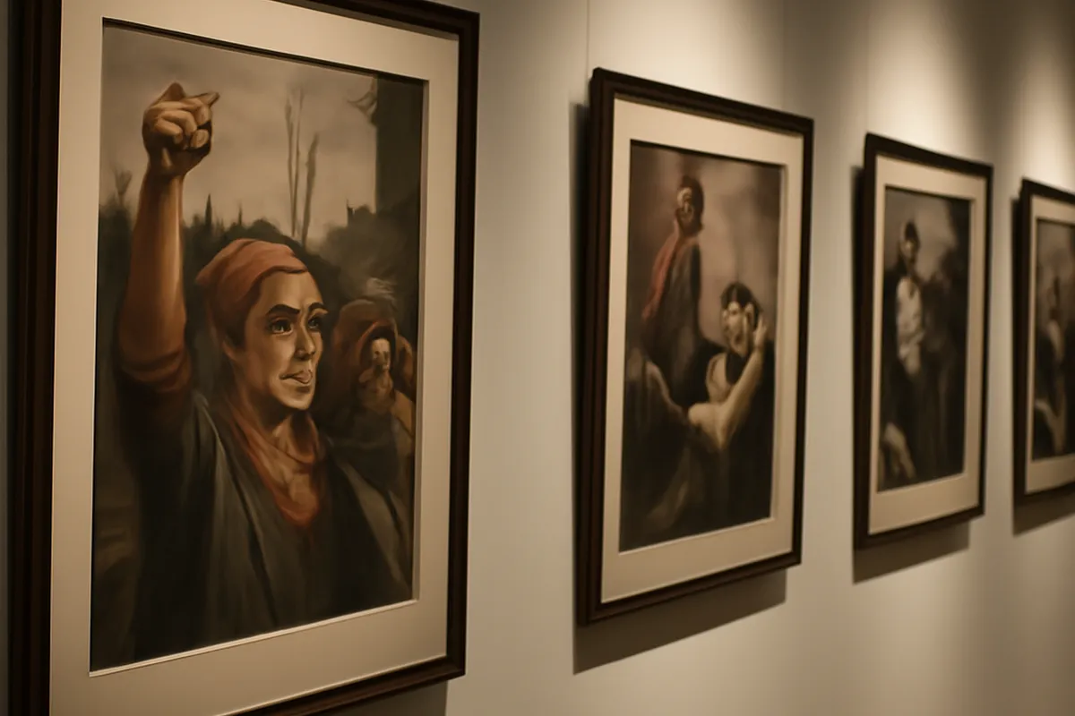 Œuvres d'art russe engagé accrochées dans une galerie en exil