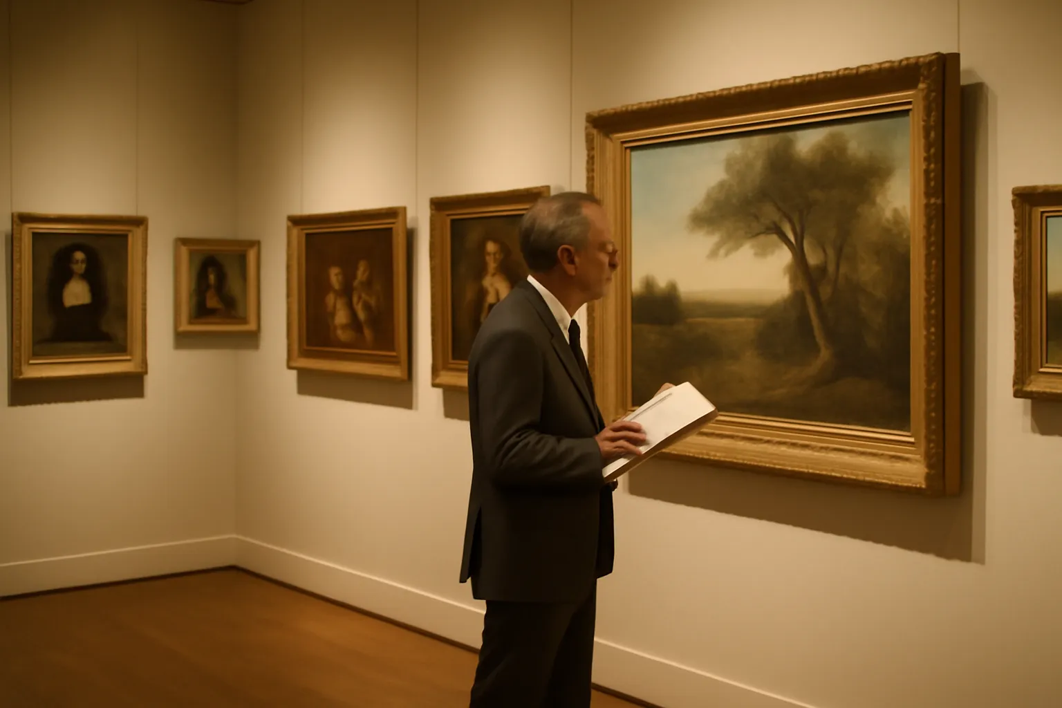 Intérieur de galerie d'art avec collectionneur observant des tableaux exposés