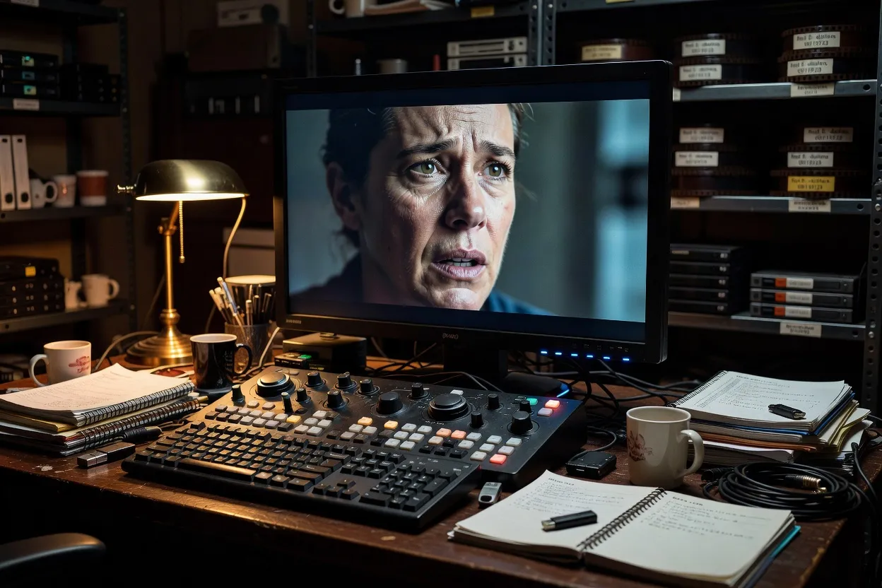Salle de montage avec écrans affichant des rushes de fiction, ambiance de travail nocturne