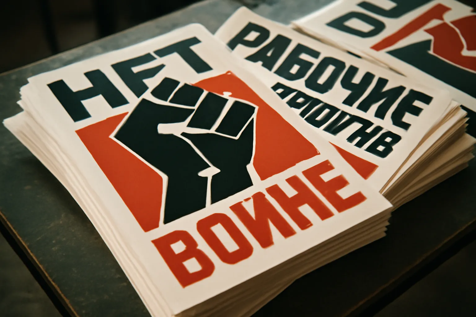 Affiches de protestation empilées avec typographie cyrillique rouge et noire