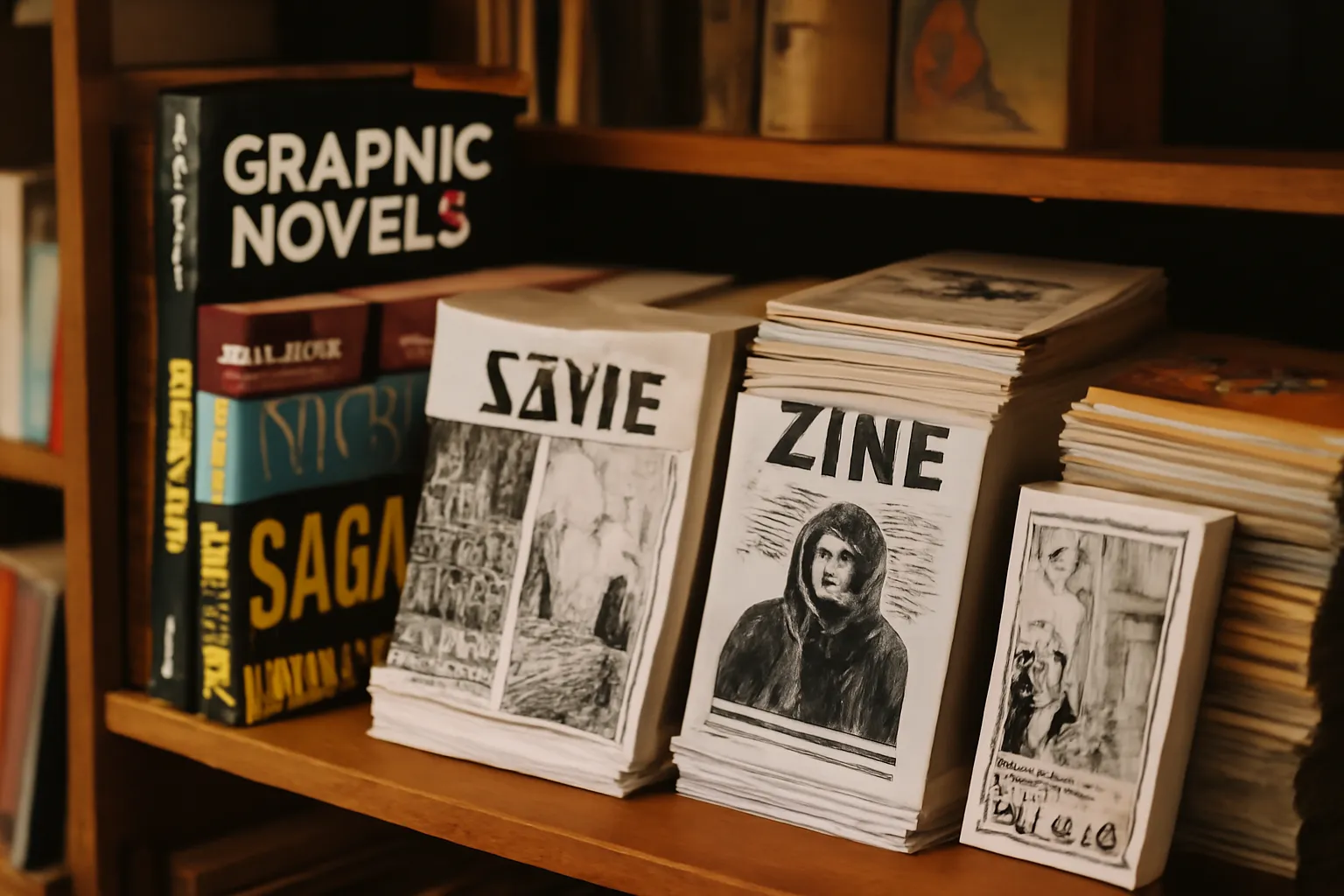 Piles de romans graphiques et fanzines dans une librairie indépendante