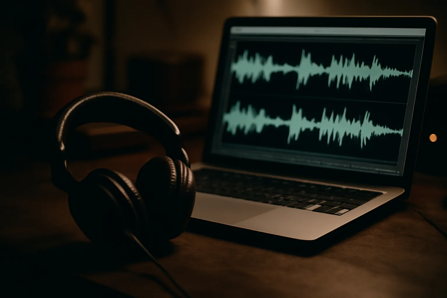 Casque audio et ordinateur portable affichant un logiciel d'édition sonore