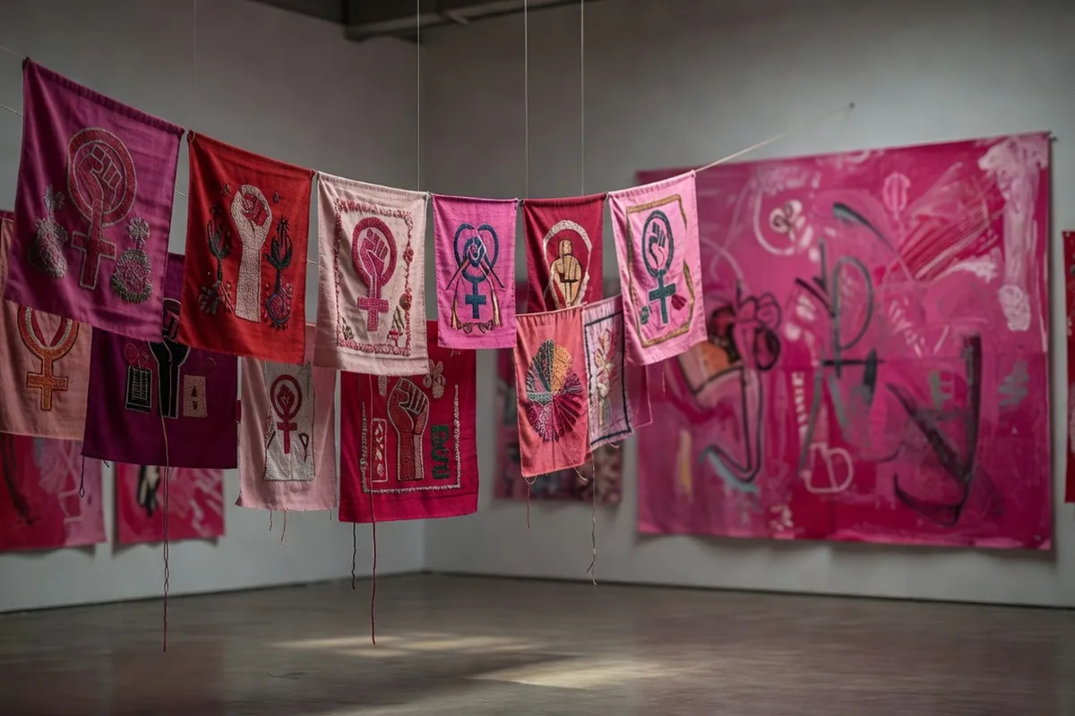 Artiste féministe russe en performance, corps peint et banderoles, dans un espace urbain