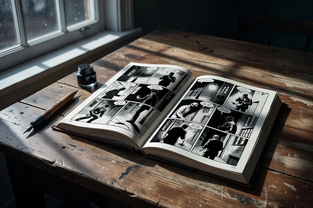 Roman graphique en noir et blanc ouvert sur une table en bois, planches de bande dessinée dissidente