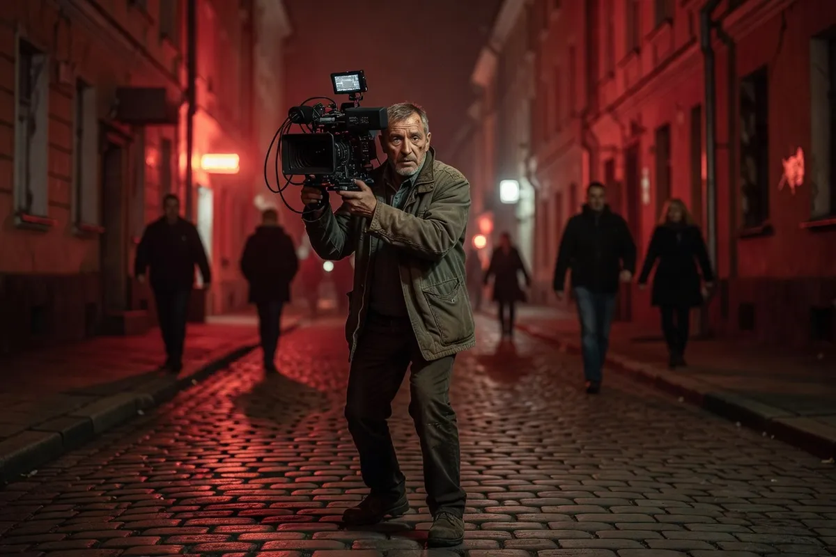Réalisateur russe filmant caméra à l'épaule dans une rue, ambiance documentaire tendue