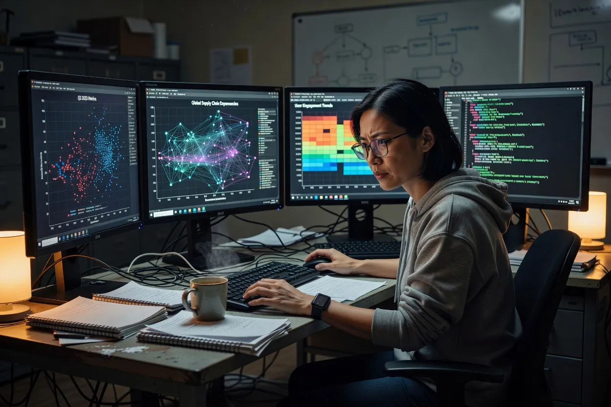 Chercheur analysant des flux de données sur plusieurs écrans, symbolisant la modération algorithmique