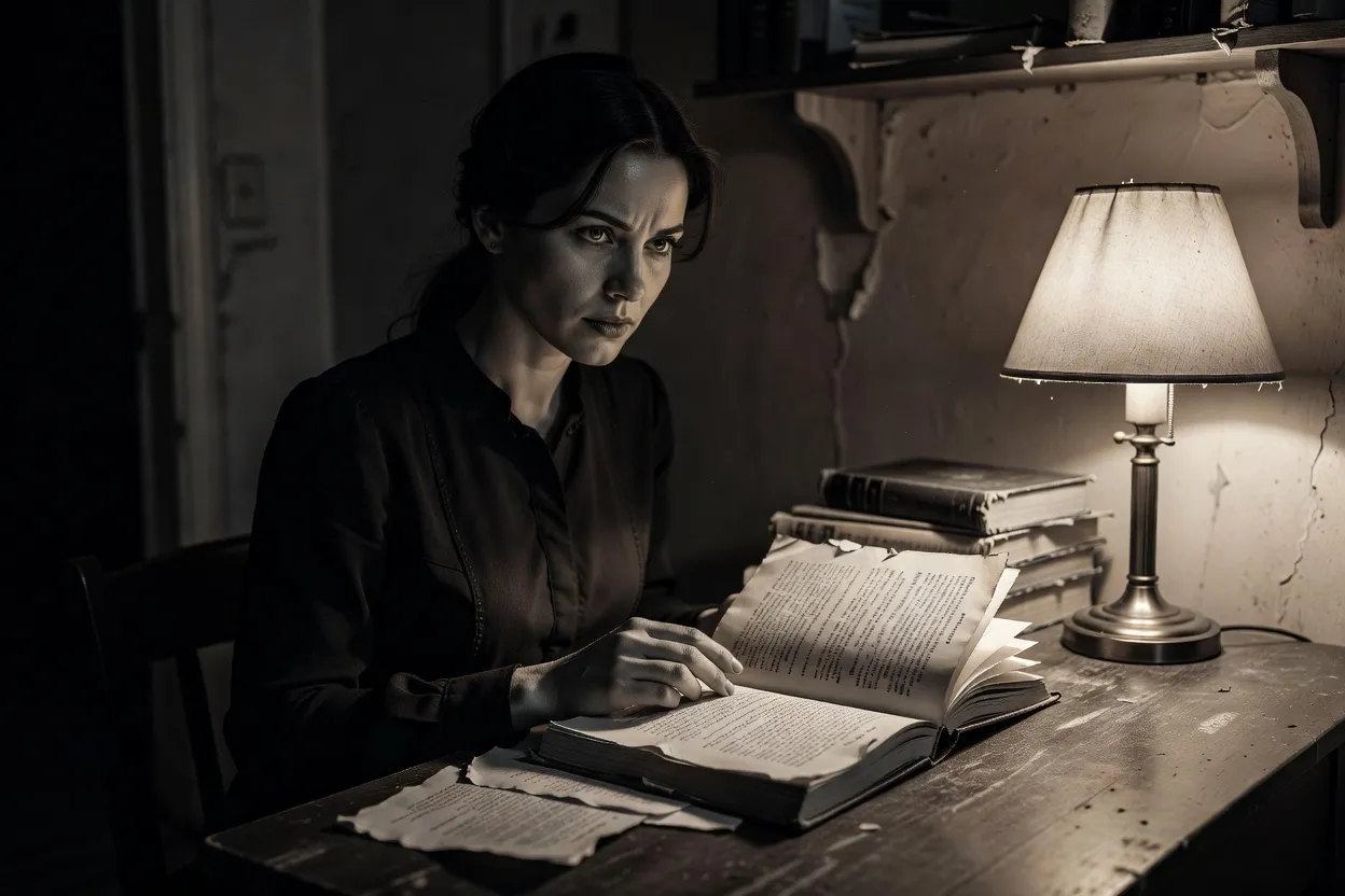 Poète russe dissident lisant un manuscrit à la lueur d'une lampe, ambiance clandestine et intime