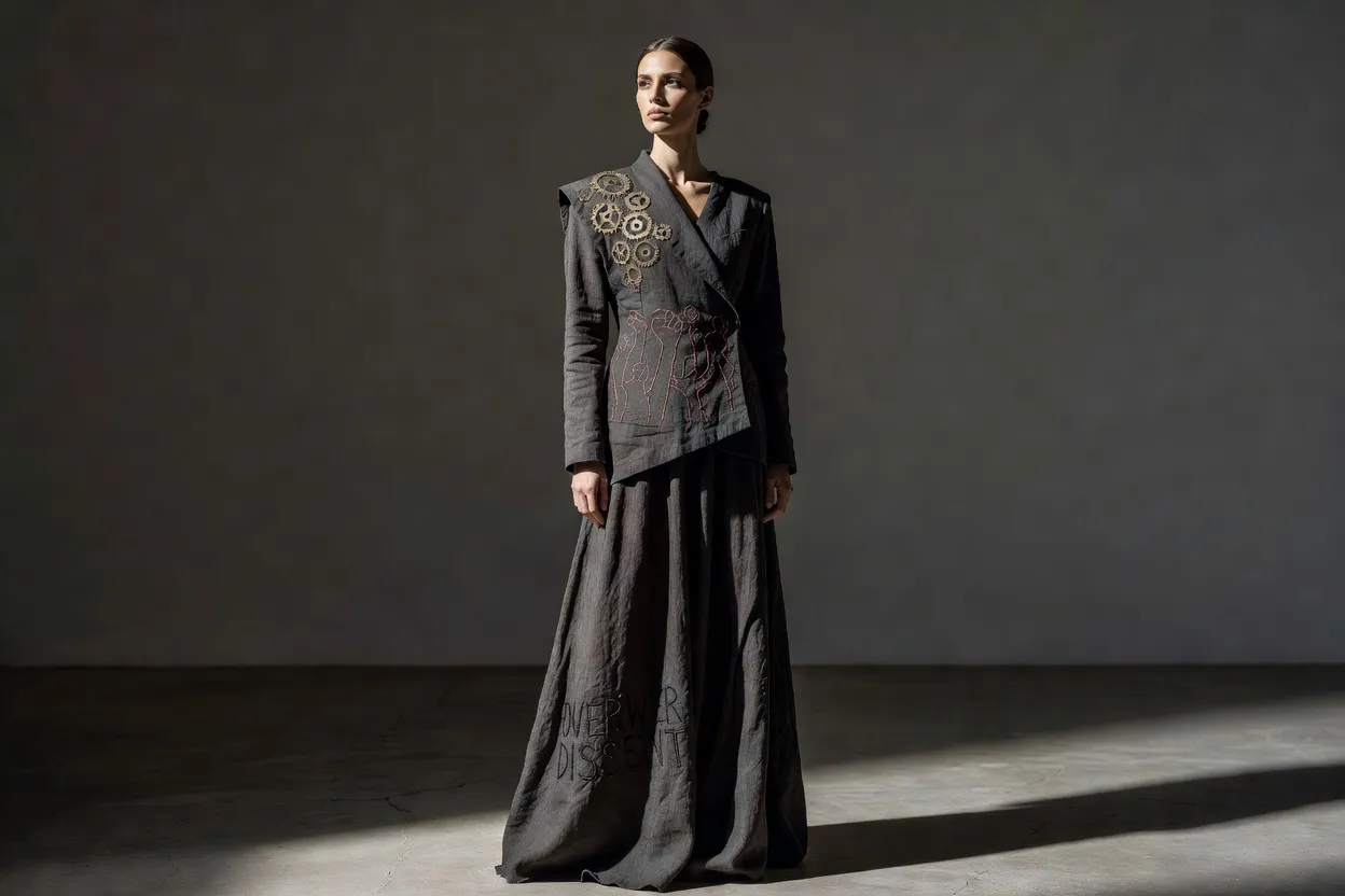 Créatrice de mode russe présentant une collection engagée, vêtements avec broderies symboliques