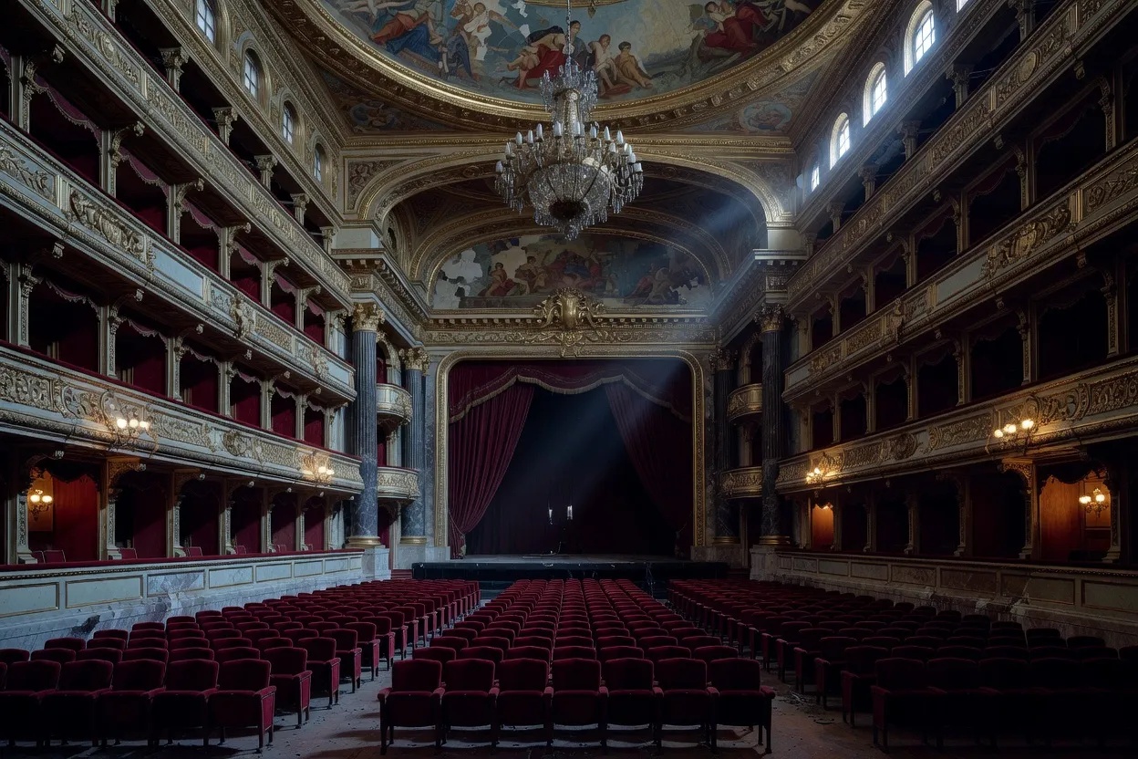 Chef d'orchestre russe dirigeant devant une fosse vide, projecteurs éteints en arrière-plan
