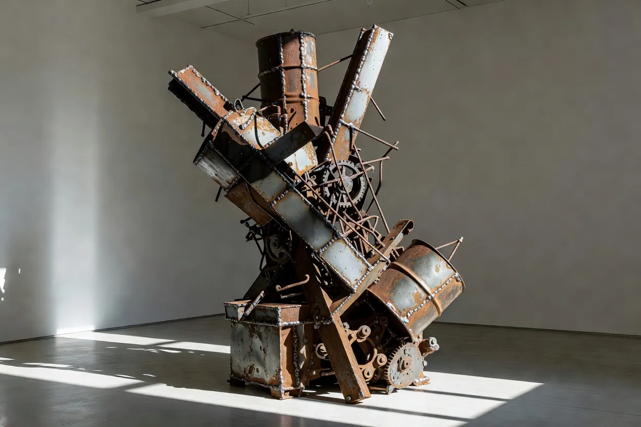 Sculpture contemporaine russe en métal industriel recyclé et rouillé, exposée dans une galerie