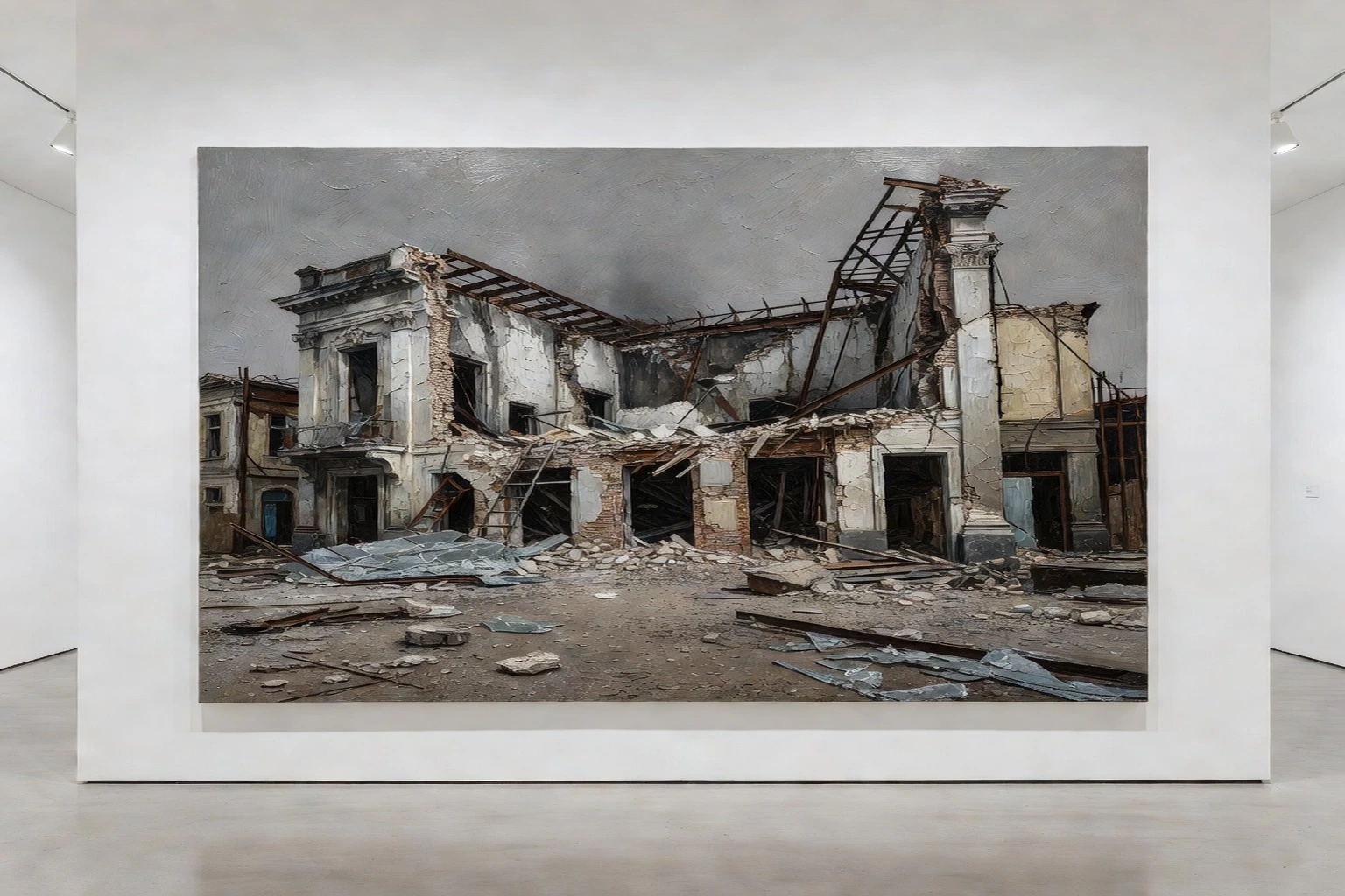 Grande toile contemporaine montrant la façade bombardée d'un théâtre, murs éventrés et ciel de cendre, peinte dans une palette de gris et d'ocres