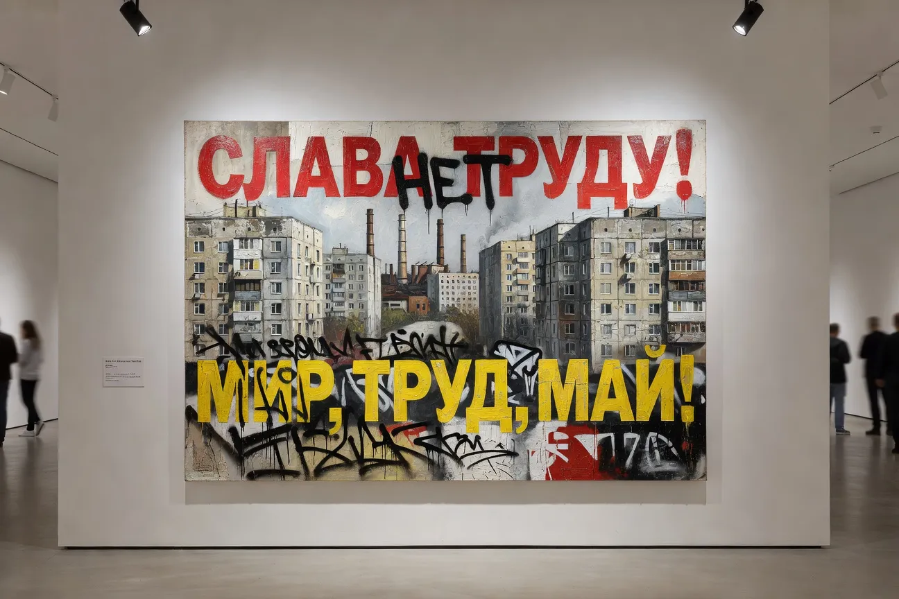 Toile contemporaine d'inspiration sots-art, slogans soviétiques détournés sur paysage urbain