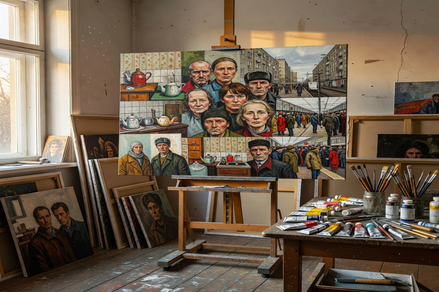 Atelier de peintre figuratif russe contemporain, toiles représentant des visages et des scènes du quotidien post-soviétique, lumière naturelle