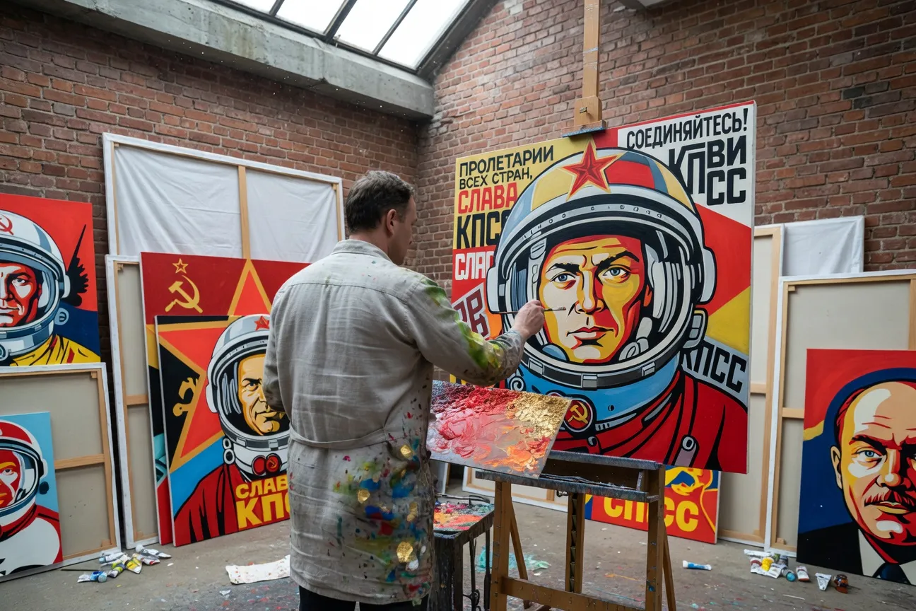 Atelier de peintre russe contemporain, palette et toiles